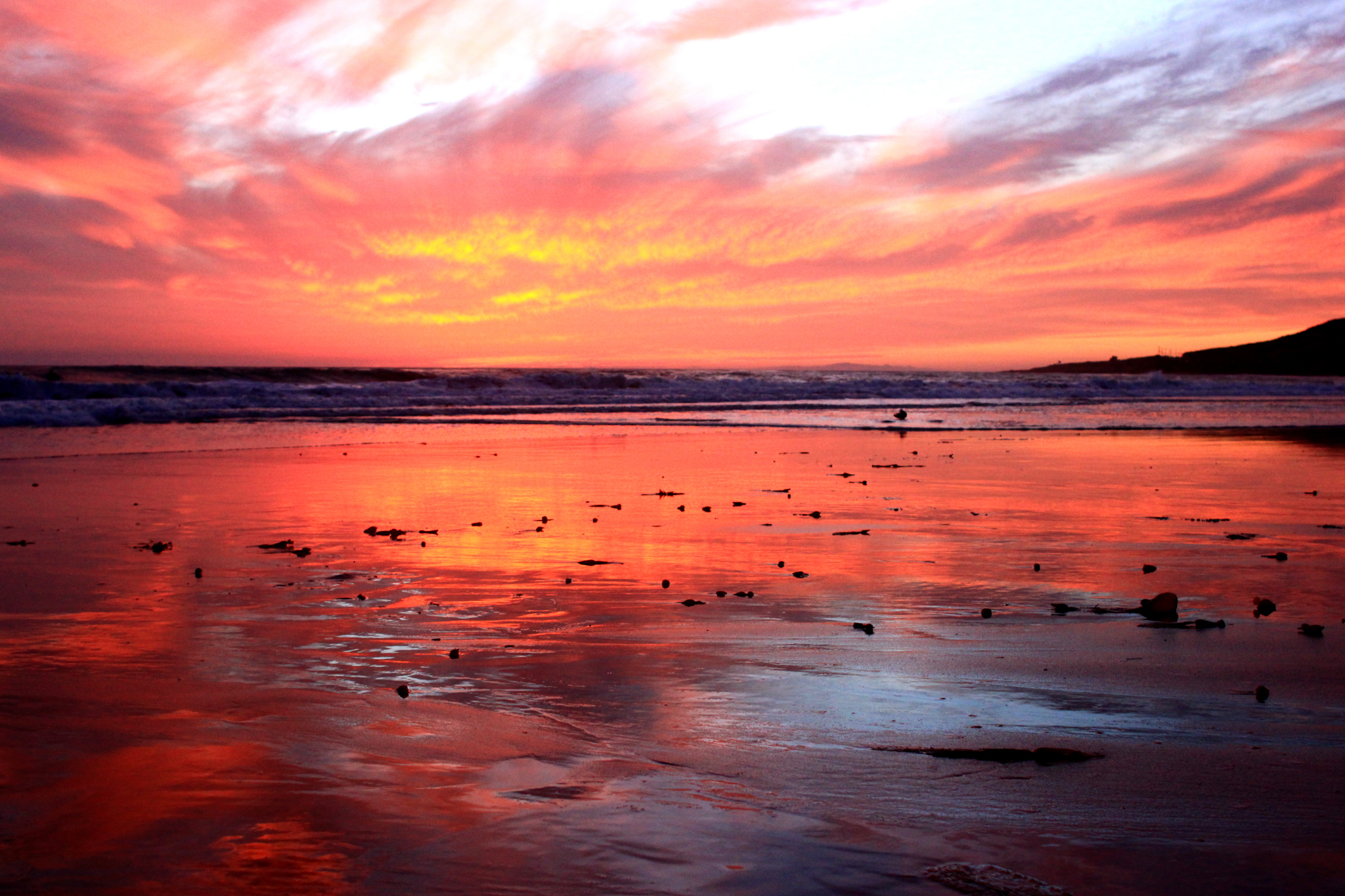 Beautiful pink and yellow sunset reflecting off the water on the sand on a beach in southern California