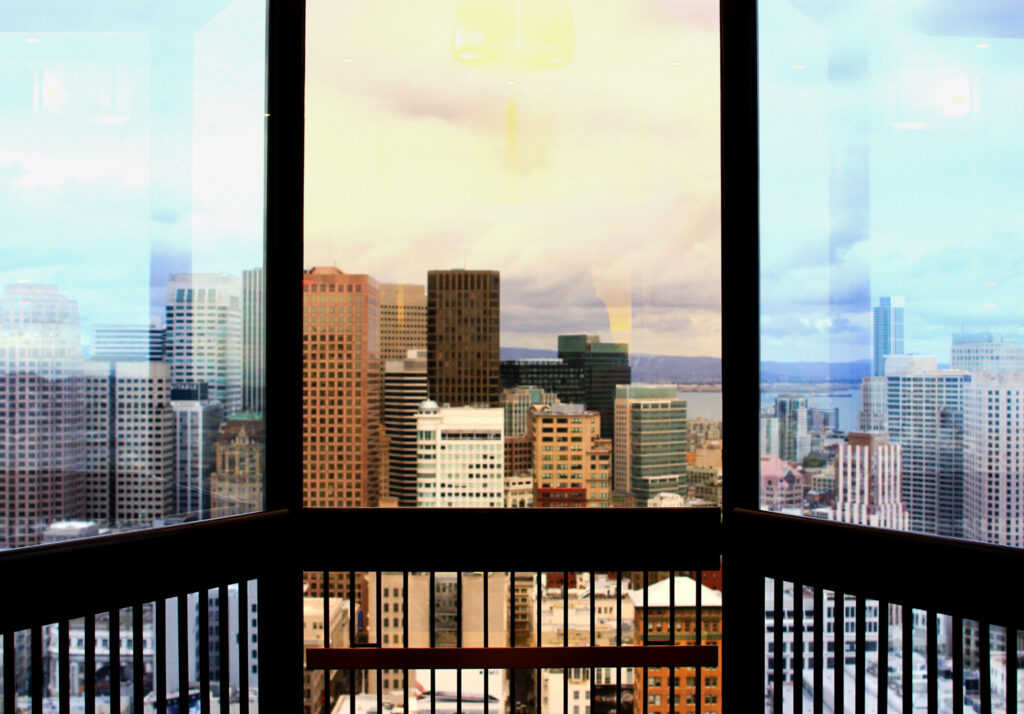 View of San Francisco through the glass windows of the elevator in the Westin Hotel