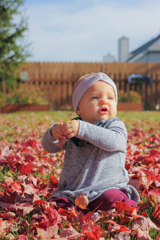 one year old baby sits in red leaves during autumn and holds a leaf